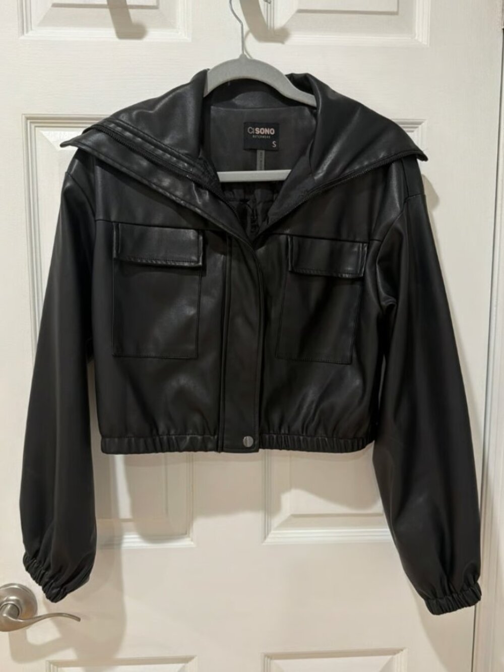 Women’s Cropped Faux Leather Bomber Jacket